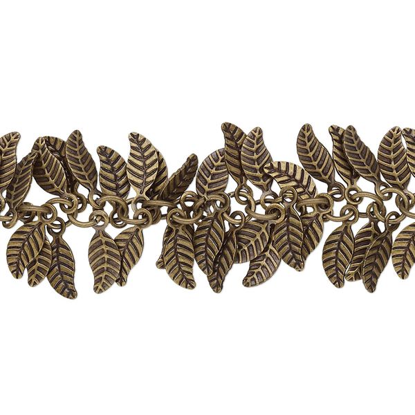 Chain, antique brass-plated brass, 7x3.5mm double-sided leaf. Sold per pkg of 1 foot. image number 0