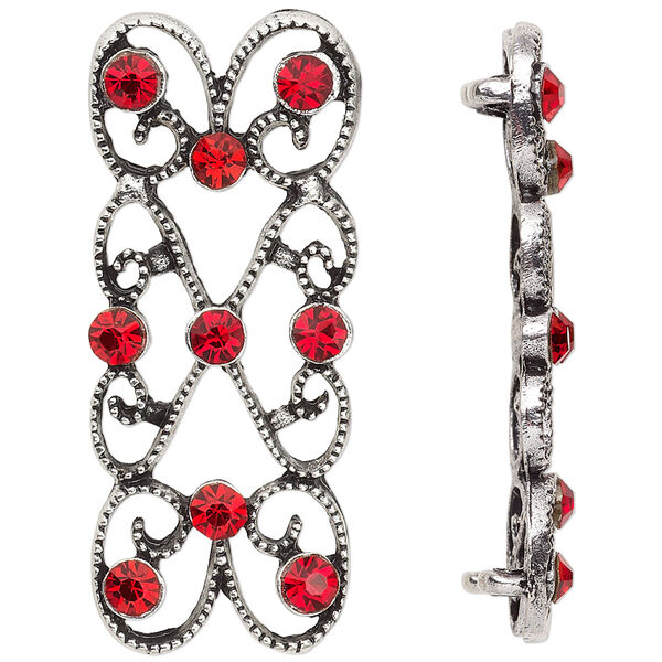 Spacer, antiqued silver-finished "pewter" (zinc-based alloy) and Czech glass rhinestone, light Siam, 39x18mm 2-strand fancy rectangle. Sold per pkg of 4. image number 0