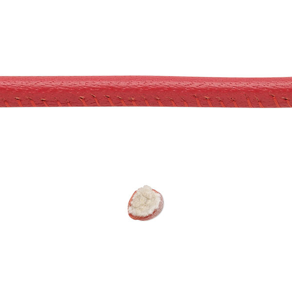 Cord, leather and cotton (dyed), red, 4mm zigzag-stitched round. Sold per 5-yard section. image number 0