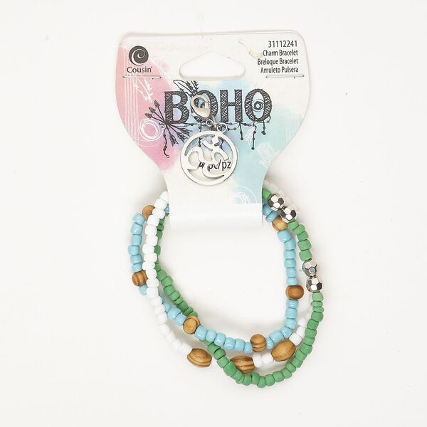 Bracelet, stretch, silver-finished steel / wood / acrylic, multicolored, 4-6mm wide with 19mm Om drop; 7 inches. Sold per pkg of 4. image number 0