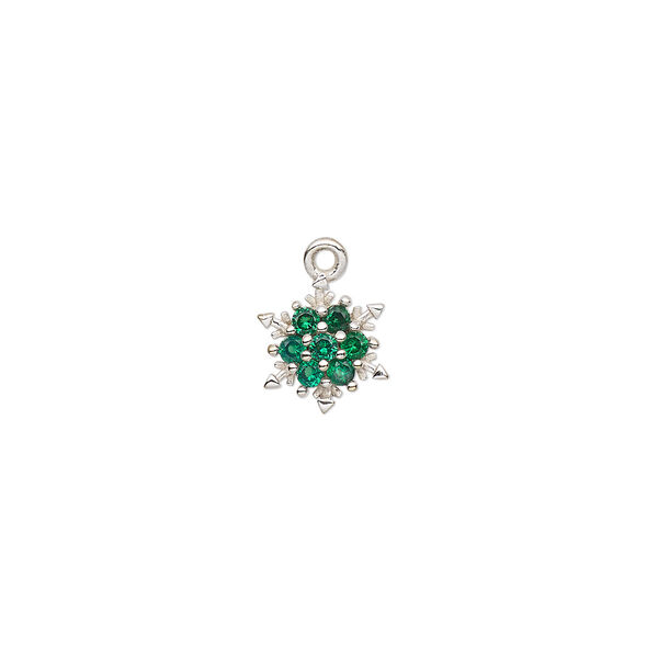 Charm, silver-plated brass and cubic zirconia, green, 8mm snowflake. Sold individually. image number 0