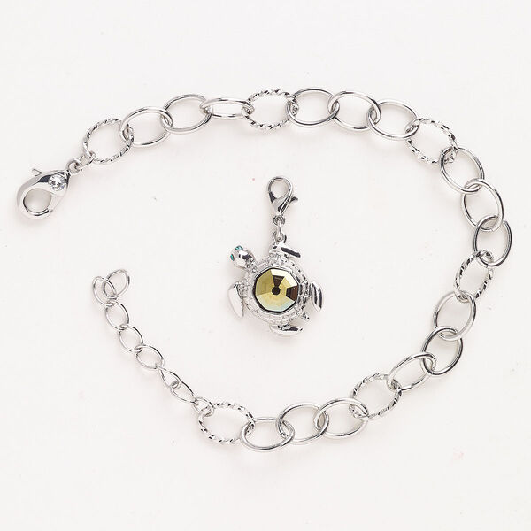 Bracelet charm assortment "pewter" zinc-based alloy steel 2pk, silver finish emerald jet AB 7 inches image number 0