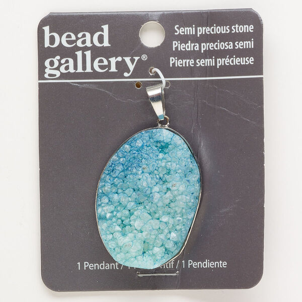Druzy agate / steel / brass 1pkg1, silver finished oval pendant 42x29mm image number 0