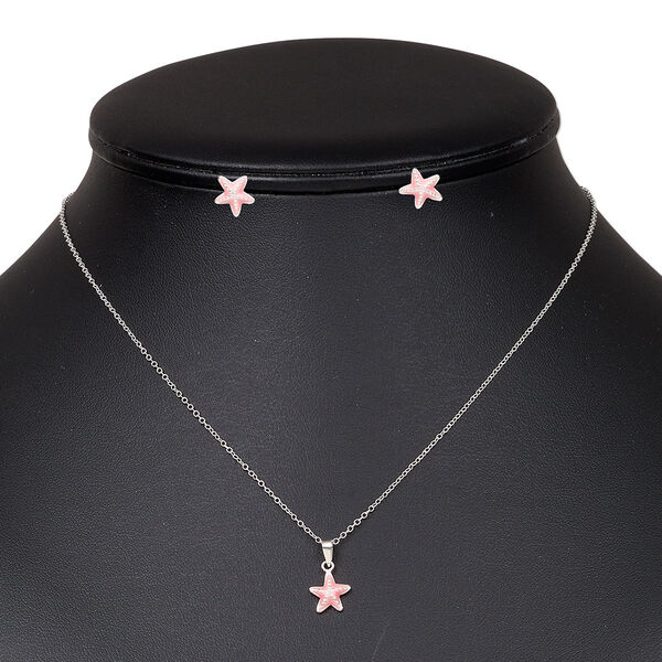 Necklace and earring set, enamel and sterling silver, pink, 9x8.5mm starfish, 16 inches with springring clasp, earring with post. Sold per set. image number 0