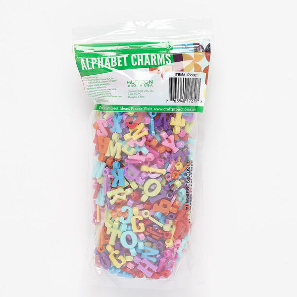 Charm mix, plastic, opaque mixed colors, 12x4mm-12x11mm alphabet letters. Sold per 3.5 ounce pkg, approximately 500 charms. image number 0