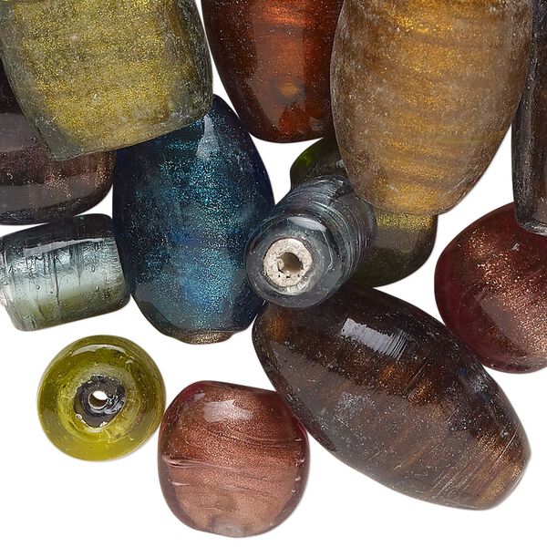 Bead mix, lampworked glass, opaque mixed colors, 9x8mm-26x20mm mixed shapes with silver-colored foil and copper-colored glitter. Sold per 6-ounce pkg, approximately 50 beads. image number 0