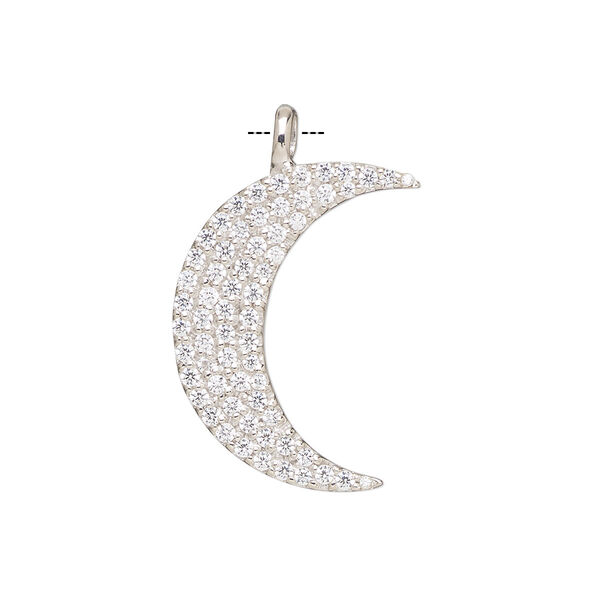 Pendant, cubic zirconia and rhodium-plated sterling silver, clear, 28x17mm single-sided moon. Sold individually. image number 0