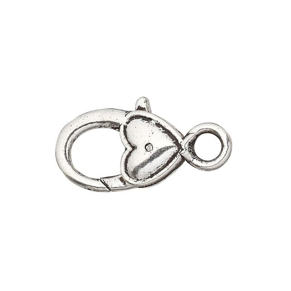 Clasp, lobster claw, antique silver-plated "pewter" (zinc-based alloy), 21x12.5mm with double-sided smooth heart design. Sold per pkg of 6. image number 0