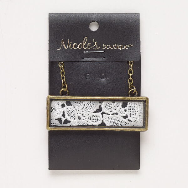 Necklace, glass / fabric / antique brass-finished "pewter" (zinc-based alloy) / steel, white, 61x21mm rectangle, 24 inches with lobster claw clasp. Sold individually. image number 0