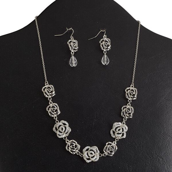Necklace and earring set, epoxy / acrylic / rhodium-finished "pewter" (zinc-based alloy), white and clear with glitter, 17x17mm and 14x13mm rose, 18 inches with 3-inch extender chain and lobster claw clasp, 1-5/8 inch earrings with fishhook ear wire. Sold per set. image number 0