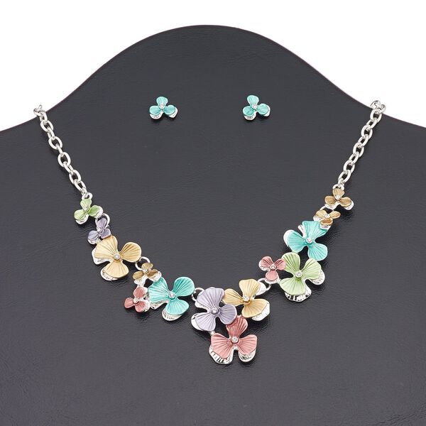 Necklace and earring set, enamel / Czech glass rhinestone / silver-finished steel / brass / "pewter" (zinc-based alloy), matte multicolored, flowers, 16 inches with 3-inch extender chain and lobster claw clasp, 11x11mm flower with post. Sold per set. image number 0