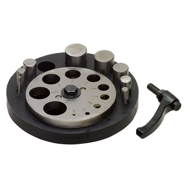 Disc cutter, steel and rubber, black and silver, 7-1/4 inch round base for cutting 3 to 31.6mm rounds. Sold per 11-piece set. image number 0