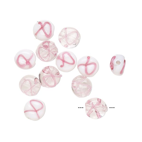 Bead, lampworked glass, transparent clear / opaque white / pink, 7mm double-sided flat round with awareness ribbon. Sold per pkg of 12. image number 0