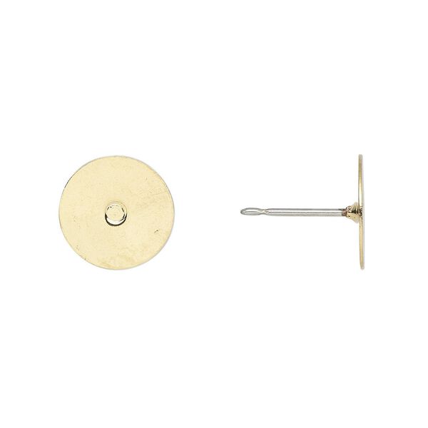 Earstud 1pkg100 gold-plated, 10mm flat pad, stainless steel 50 pair image number 0