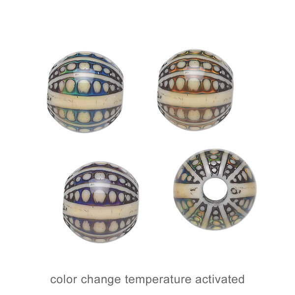 Bead, acrylic, cream and multicolored, 12mm color-changing round with dots and stripes. Sold per pkg of 4. image number 0