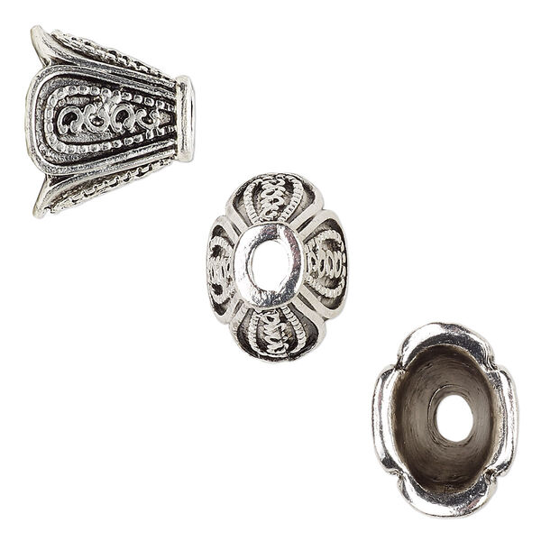 Cone, antique silver-finished "pewter" (zinc-based alloy), 16x13x12mm flat oval flower, 10.5x7mm inside diameter. Sold per pkg of 6. image number 0