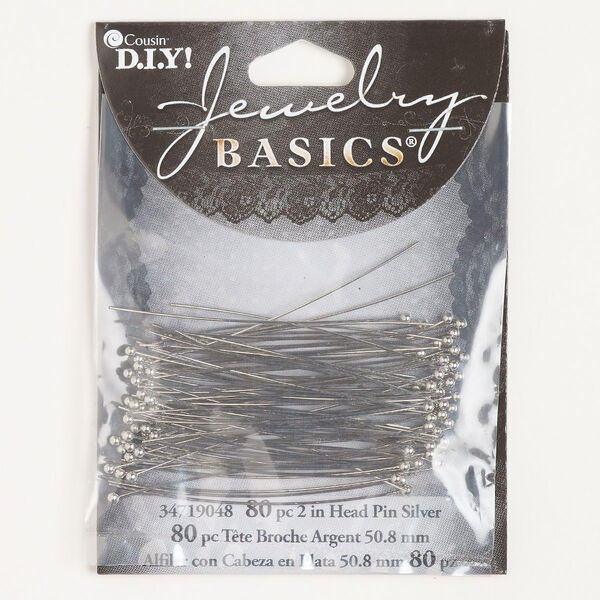 Head pin, brass, pkg/80, 2 inches with 2mm ball, 23 gauge, antique silver finish. image number 0