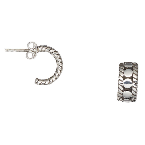 Earstud, Create Compliments®, antiqued sterling silver, 13mm half-circle with post, rope edges and round design. Sold per pair. image number 0