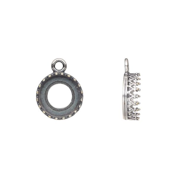 Drop, JBB Findings, antique silver-plated brass, 11.5mm round with decorative trim, 10mm round bezel setting. Sold per pkg of 2. image number 0