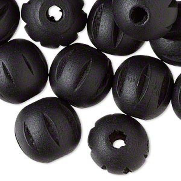 Bead, wood (dyed), black, 20mm hand-cut fluted round. Sold per pkg of 25. image number 0