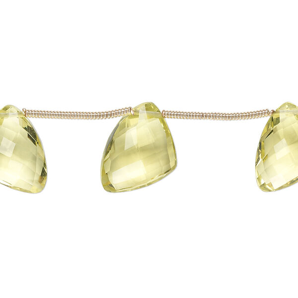 Bead, lemon quartz (heated), 12x9x9mm-15x12x12mm graduated hand-cut top-drilled faceted irregular triangle, B+ grade, Mohs hardness 7. Sold per pkg of 6 beads. image number 0