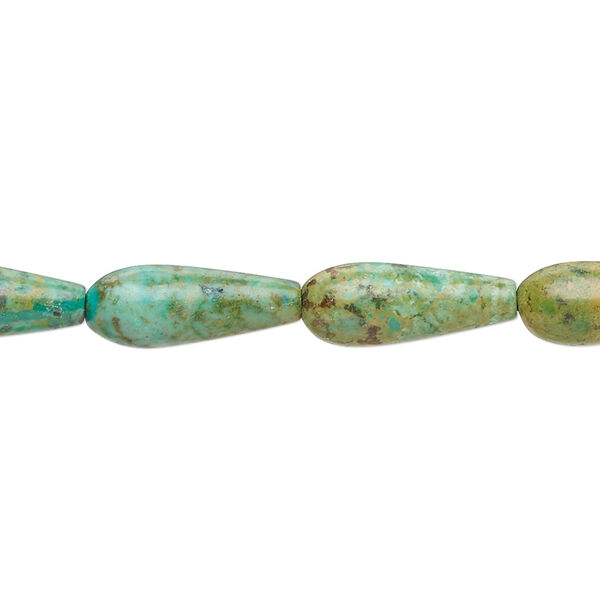 Bead, turquoise (dyed / stabilized), green-brown, 15x6mm-16x6mm teardrop with 0.8-1.1mm hole, C- grade, Mohs hardness 5 to 6. Sold per 15-1/2" to 16" strand. image number 0