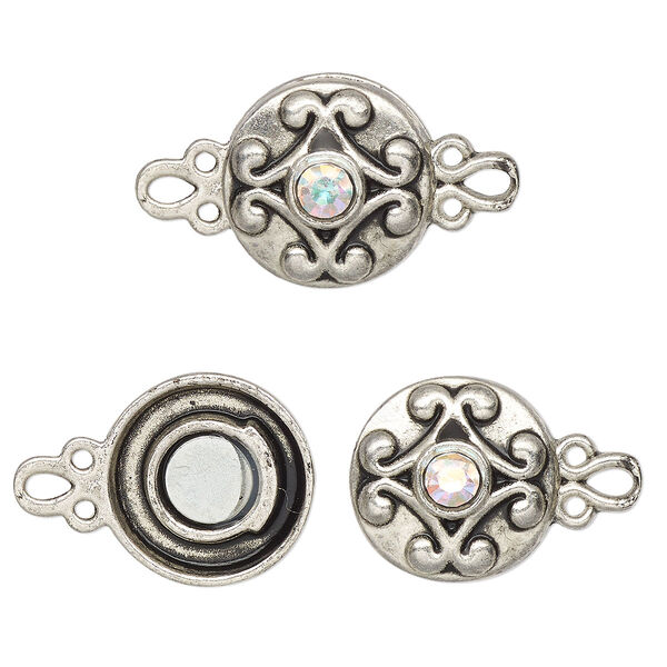 Clasp, magnetic, silver-finished "pewter" (zinc-based alloy) and glass, clear AB, 12mm double-sided round. Sold per pkg of 2. image number 0