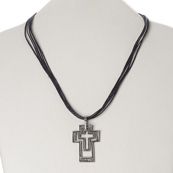 Necklace, waxed cotton cord / antique silver-finished "pewter" (zinc-based alloy) / brass / steel, black, 41x30mm open cross, 18 inches with 3-inch extender chain and lobster claw clasp. Sold individually. image number 0