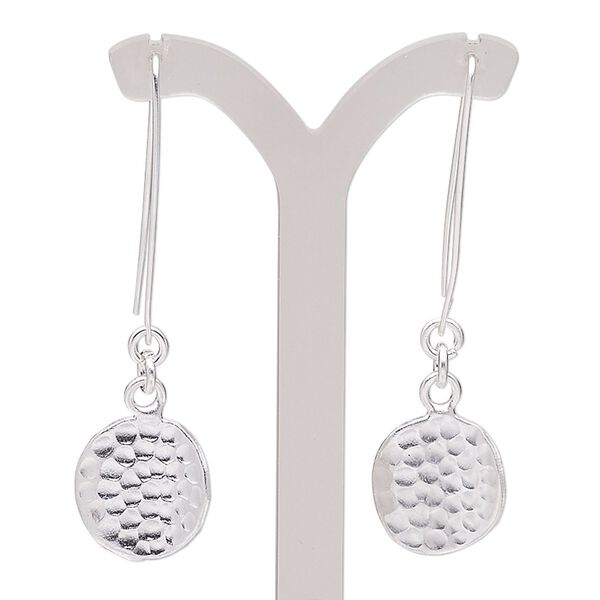 Earring, Hill Tribes, silver-plated copper, 2-1/4 inches with hammered wavy round and ear wire. Sold per pair. image number 0