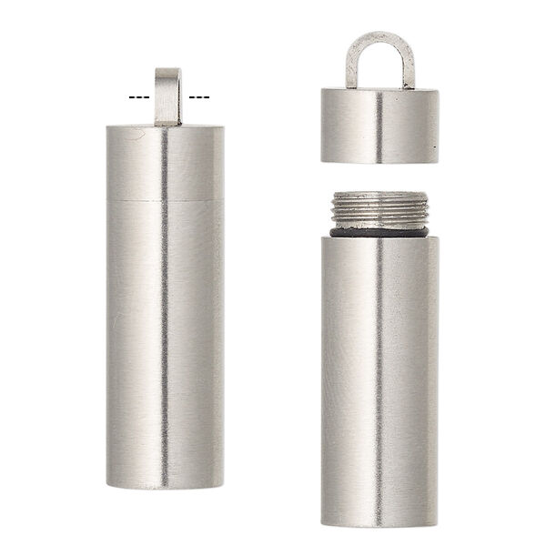 Pendant, silicone and stainless steel, black, 35x10mm cylinder with twist-off top. Sold individually. image number 0