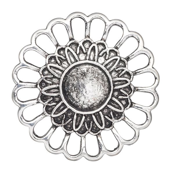 Component, antique silver-plated "pewter" (zinc-based alloy), 38mm single-sided flower with 12mm round setting. Sold per pkg of 2. image number 0