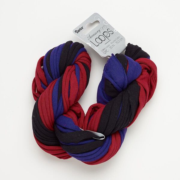 Cord, tee shirt, cotton (dyed) and silver-finished steel, black / burgundy / purple, 20-24mm wide with 44mm ring, 30-inch continuous loop. Sold per pkg of 12. image number 0