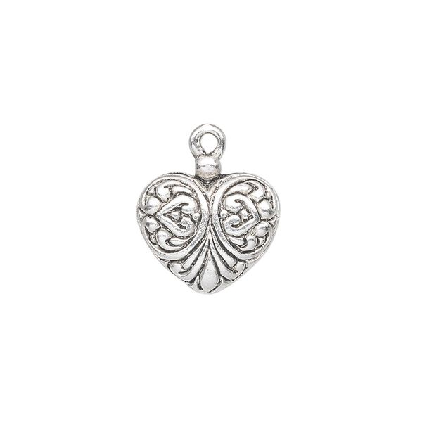 Charm, antique silver-plated "pewter" (zinc-based alloy), 15x14mm single-sided fancy heart. Sold per pkg of 10. image number 0