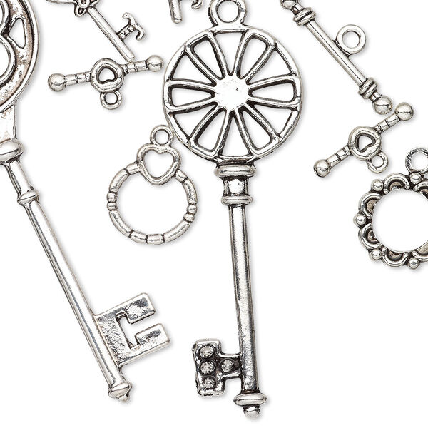 Component, antiqued silver-finished "pewter" (zinc-based alloy), 14.5mm-73x26mm assorted key and toggle clasp. Sold per pkg of 10. image number 0