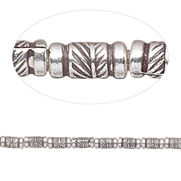 Bead, Hill Tribes, antiqued sterling silver, 5x2mm tube with leaf. Sold per 8-inch strand, approximately 35 beads. image number 0