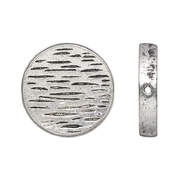 Bead, antiqued silver-finished "pewter" (zinc-based alloy), 23mm double-sided hollow textured flat round. Sold per pkg of 4. image number 0