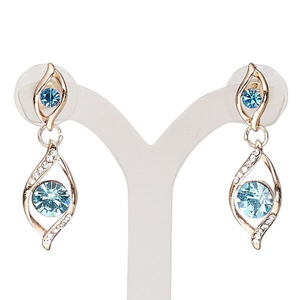 Earring, glass rhinestone / stainless steel / rose gold-finished "pewter" (zinc-based alloy), sapphire blue and clear, 34mm with double twist and post. Sold per pair. image number 0