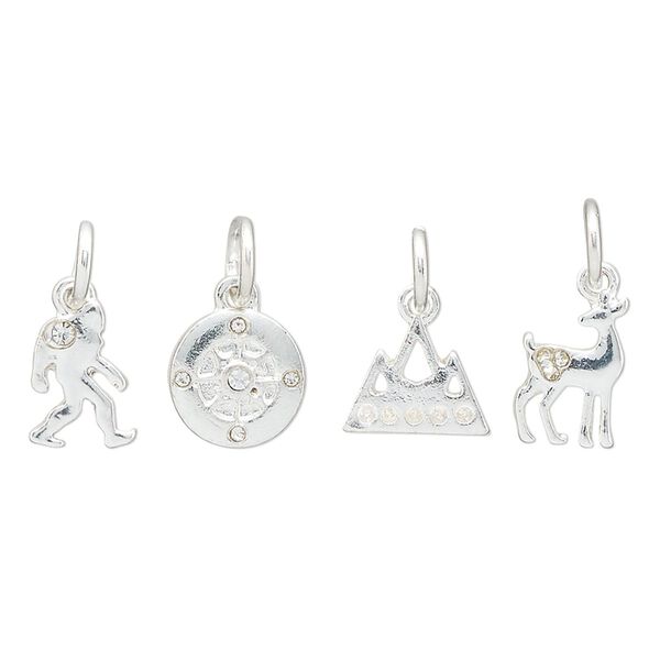 Charm assortment, silver-finished "pewter" (zinc-based alloy) and glass rhinestone, clear, 8-11x7mm multi-shape, Pacific Northwest outdoors theme. Sold per 4-piece set. image number 0