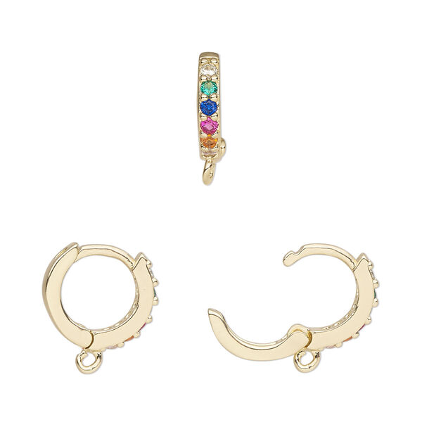 Hoop, gold-finished brass / glass / cubic zirconia, multicolored, 13mm hoop, 17 gauge. Sold per pair. image number 0