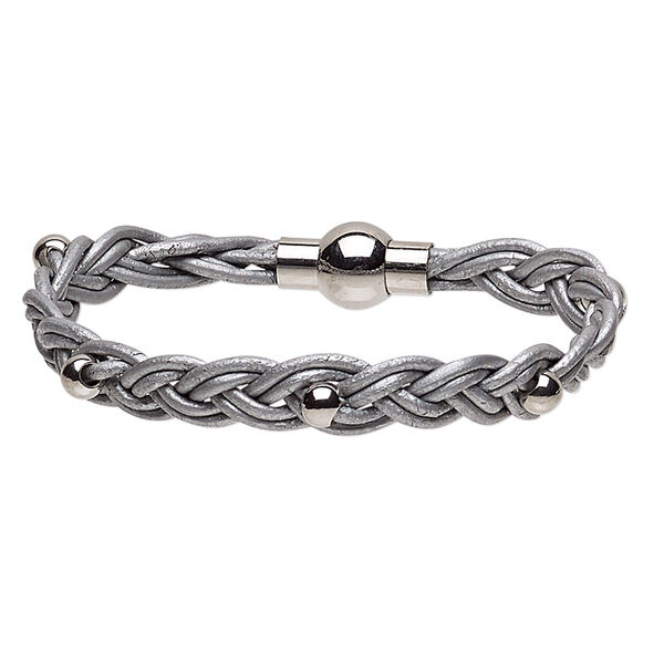 Bracelet, leather (dyed) and stainless steel, silver, 11mm wide braided with 5mm round, 6-1/2 inches with magnetic clasp. Sold individually. image number 0