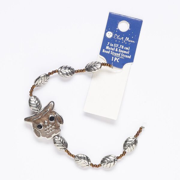 Seed bead, "pewter" (zinc alloy) and glass, pkg/7inch, 26x24mm / 13x9mm owl, opaque antique silver finish enamel brown and black. image number 0