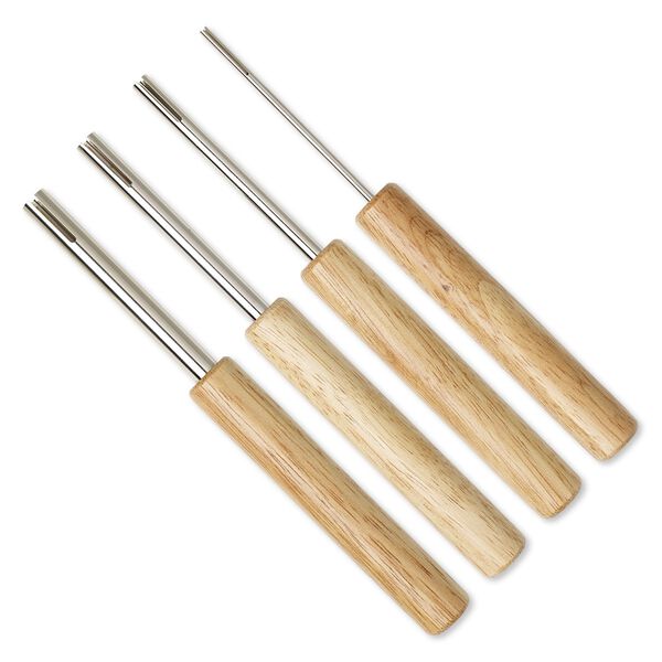 Wire-curling and jump ring mandrel 1pkg1, rubber tree wood and chrome-plated brass, 7-1/2 inches with 3-inch rod length and 3-10mm rod width. 4-piece set. image number 0