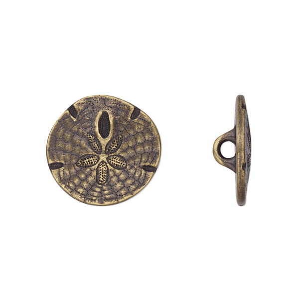 Button, TierraCast®, antique brass-plated pewter (tin-based alloy), 17mm flat round sand dollar with loop. Sold per pkg of 20. image number 0