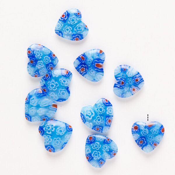 Bead, millefiori glass, pkg/10, translucent cobalt blue/red/white, 13-15mm half-drilled puffed heart. image number 0