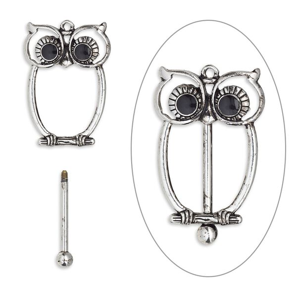 Focal, bead pin, epoxy / antique silver-finished brass / "pewter" (zinc-based alloy), black, 48.5x30.5mm single-sided owl with twist-off top, 24mm beadable length. Sold individually. image number 0