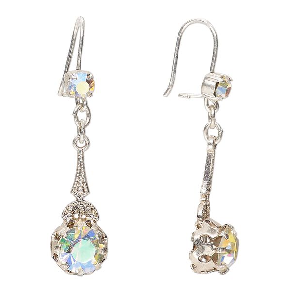 Earring fishhook 1pkg2, 45.5mm / 19 gauge safety, silver-finished / brass / clear AB 1 pair image number 0