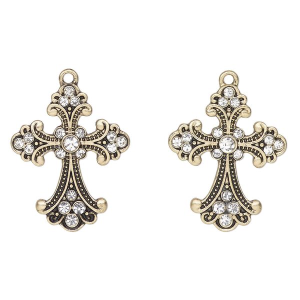 Focal, antique gold-finished "pewter" (zinc-based alloy) and glass, clear, 30x24mm fancy cross. Sold per pkg of 2. image number 0
