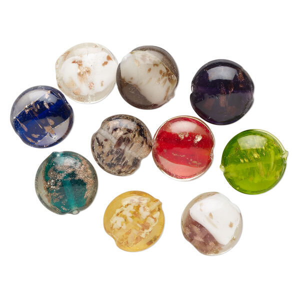 Bead, lampworked glass, opaque and translucent multicolored with copper-colored glitter, 18-22mm puffed flat round. Sold per pkg of 10. image number 0