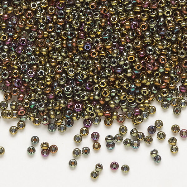 Seed bead, Preciosa Ornela Czech glass, pkg/50g, #11 rocaille, opaque golden bronze gold iris black, (59148). image number 0