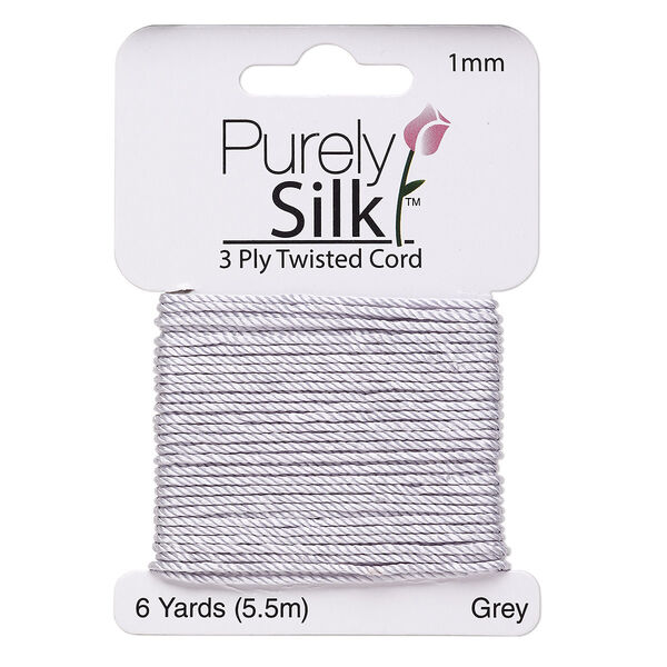 Cord, Purely Silk™, 3-ply, grey, 1mm twisted. Sold per 6-yard card. image number 0
